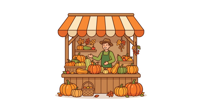 Farmer Selling Organic Pumpkins and Vegetables at Autumn Market Stall