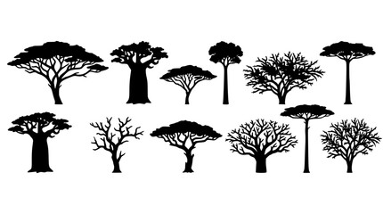 African savanna trees silhouette collection vector illustration featuring various shapes of acacia and baobab for safari landscape design © AlviAhmed