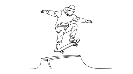 Skater boy in beanie jumping high over ledge ramp line art vector illustration for extreme sports coloring book page © AlviAhmed