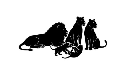African lion pride family silhouette with male lion lionesses and playing cubs vector illustration for wild safari theme design © AlviAhmed