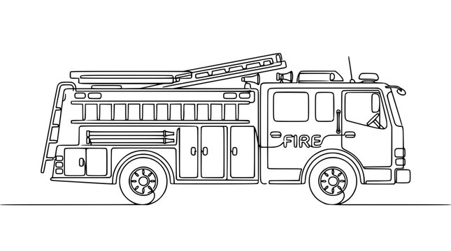 Profile view of fire truck engine rescue vehicle with ladder line art vector illustration for children coloring book page design