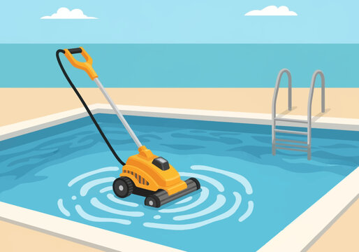 Orange robotic pool vacuum cleaner operating inside blue water swimming pool with silver metal ladder, outdoor poolside deck, ocean horizon and clear sky vector illustration.