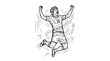 Fototapeta premium Soccer player celebrating goal jumping in air line art vector illustration for sports coloring book page design