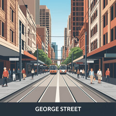 Fototapeta premium Vector illustration of George Street in Sydney CBD, Australia, featuring light rail trams on tracks, pedestrians on sidewalks, urban buildings, and a clear blue sky background.