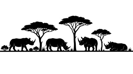 African savanna landscape panorama with rhinoceros herd and acacia trees black silhouette vector isolated graphic © AlviAhmed
