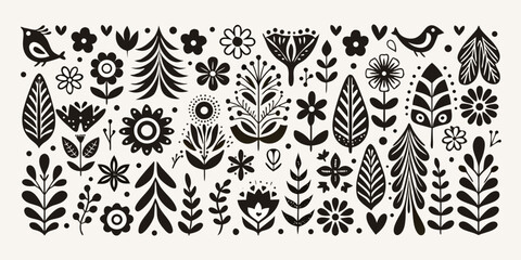 Floral ornament collection black and white vector illustration with stylized leaves and birds foliage botanical © Lalin