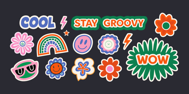 Retro floral ornaments rainbow arc and smiling faces in a colorful vector illustration vintage seventies