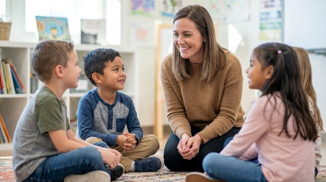 Teacher sitting on the floor interacting with a diverse group of young children in a bright modern preschool classroom setting during a daily learning activity