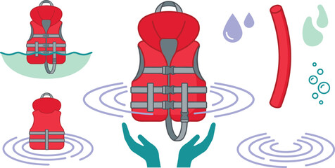 Naklejka premium Water Safety and Drowning Prevention Vector Set with Red Life Jacket, Flotation Vest, Water Ripples, Pool Noodle, and Supporting Hands