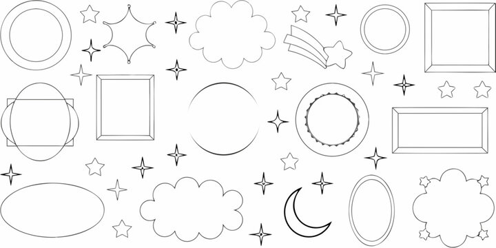 Minimalist thin line vector shapes featuring circles squares stars and clouds on a white background