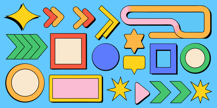 Collection of flat geometric shapes in bright colors against a light blue background abstract arrow