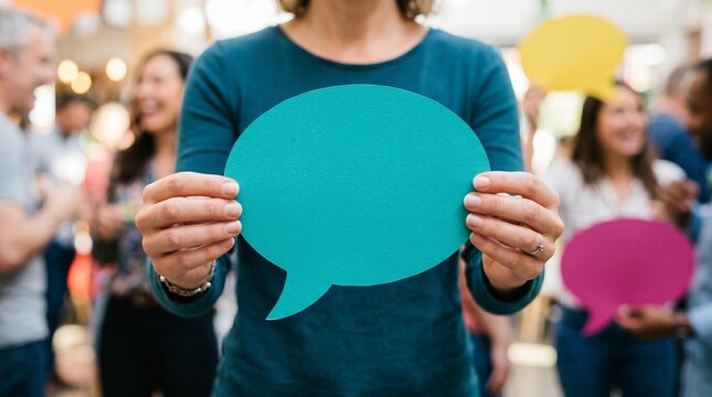 Speech bubble held by a person in a crowd of diverse people with colorful signs in a bright indoor setting during a professional community event
