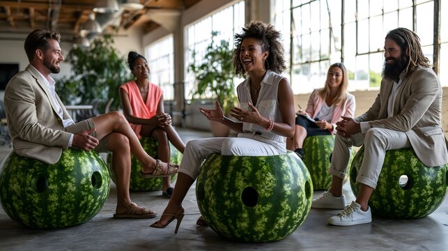 Kreatives Business Meeting auf Wassermelonenhockern w&auml;hrend der Sommerhitze