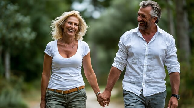 Gl&uuml;ckliches Paar &uuml;ber f&uuml;nfzig genie&szlig;t gemeinsamen Spaziergang in der Natur
