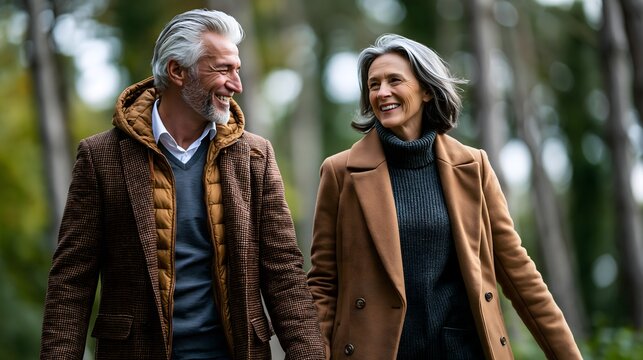 Gl&uuml;ckliches Best Ager Paar genie&szlig;t gemeinsamen Spaziergang im Wald