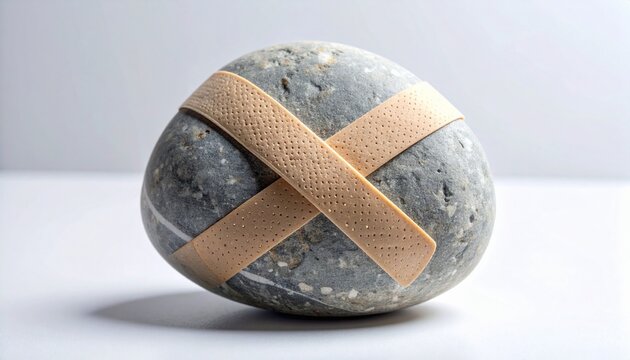 Minimalist composition of gray stone with adhesive bandage applied, symbolizing healing, resilience, protection, and metaphorical care in art.