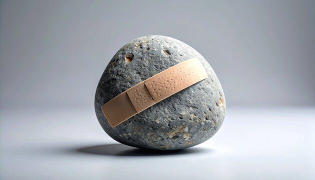 Minimalist composition of gray stone with adhesive bandage applied, symbolizing healing, resilience, protection, and metaphorical care in art.