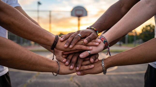 Diverse people stacking hands together in unity as a sign of teamwork and friendship on an outdoor basketball court during a vibrant golden sunset hour