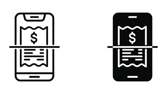 Mobile phone scanning dollar bill receipt icon set in outline and solid vector styles for digital finance and mobile payment apps on white background for financial technology and banking concepts