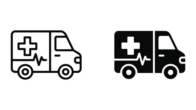 Emergency ambulance vehicle icon set featuring medical cross and heartbeat pulse line art or silhouette design for hospital transportation services and critical care logistics isolated on white