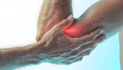 Fototapeta premium Tennis elbow joint pain and forearm injury. Orthopedic medical checkup physical therapy concept. Man holding his painful arm elbow with red highlighted inflammation
