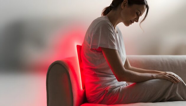 Infrared lumbar massage and muscle recovery. Home health care and chronic pain relief. Young woman sitting on a couch with an electric heating pad glowing red