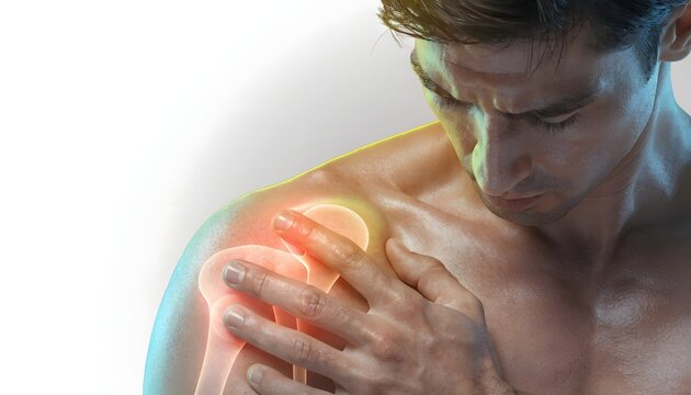 Shoulder dislocation arthritis bone pain illustration. Rotator cuff strain orthopedic trauma condition. Shirtless athlete man holding his painful neck shoulder area