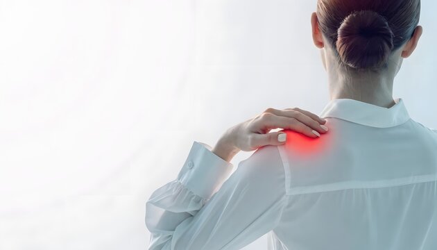 Shoulder joint pain and upper back tension. Ergonomic strain and posture correction. Businesswoman touching her painful back with a red highlight in a bright office