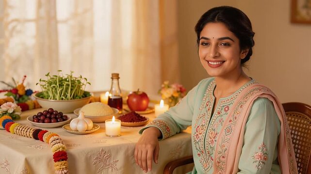 Young woman smiling at a table set for Nowruz celebration.