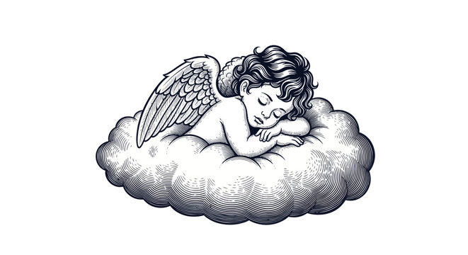 Little baby angel sleeping peacefully on a fluffy cloud