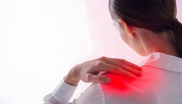 Trapezius muscle soreness and painful joint stiffness. Ergonomic fatigue relief and physical rehab. Closeup rear view of a businesswoman massaging her aching shoulder with red spot