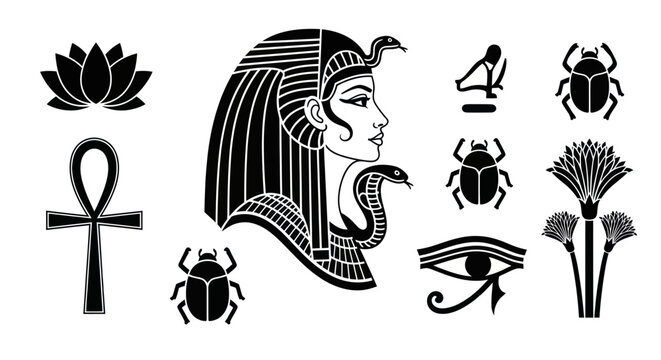 Egyptian queen profile with ankh scarab and lotus symbols