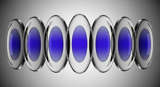 3D render of seven oval objects with blue centers, surrounded by silver and clear