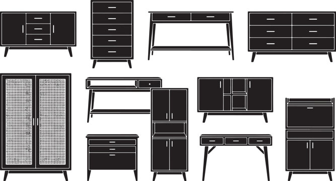 Set of modern furniture silhouettes including cabinets dressers and desks for interior design and home decor projects