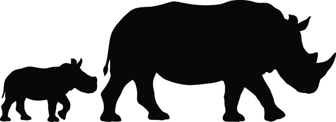 Black silhouette illustration of mother rhinoceros and calf walking isolated on white background for wildlife nature themes © Sreepobitra