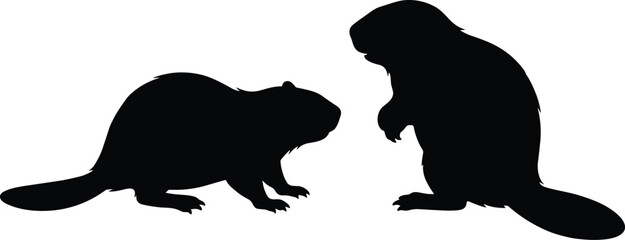 Black silhouette illustration of two beavers in different poses isolated on white background for nature wildlife concepts © Sreepobitra