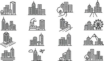 Urban cityscape and skyline line icons set featuring skyscrapers industrial factory road airplane water wheel and mountain landscapes © MstHusna
