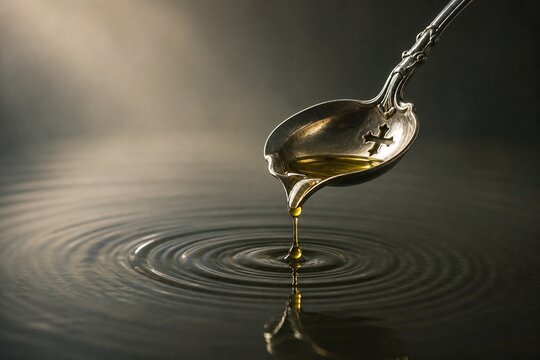 Silver spoon dripping olive oil onto water, creating concentric rings.