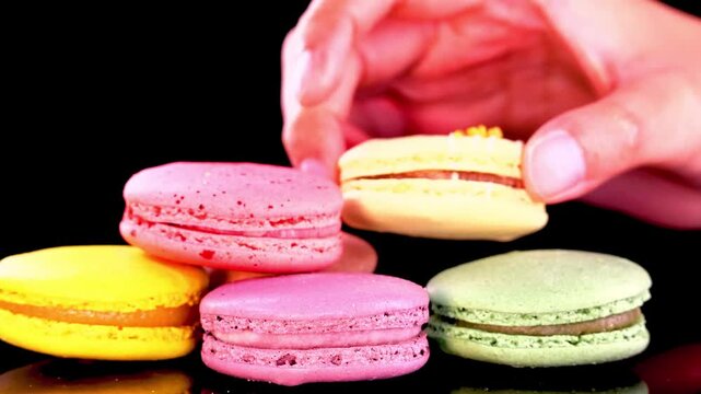 Close up shot of a hand stacking colorful French macarons including pink yellow and green flavors against a solid black background