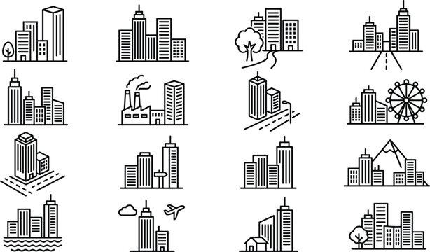 Urban cityscape and skyline line icons set featuring skyscrapers industrial factory road airplane water wheel and mountain landscapes