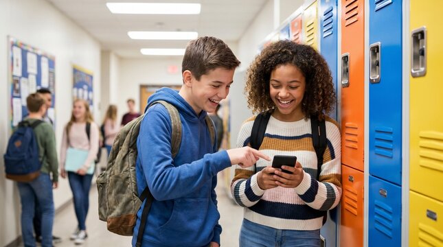 Two happy teenagers using a mobile phone while standing in a colorful high school hallway with lockers and fellow students in the blurred background area