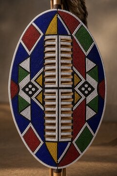 Traditional Zulu shield with vibrant, symmetrical beadwork, cultural artifact.