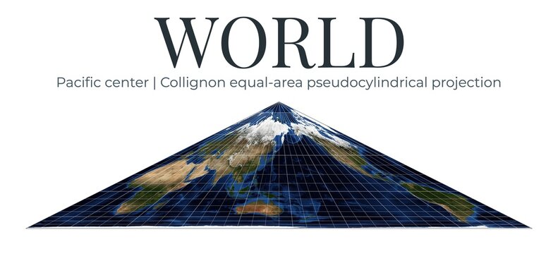 World map in Collignon equal-area pseudocylindrical projection. Pacific-centered view with detailed topography. High-resolution global mapping. April View. Elements of this image furnished by NASA.
