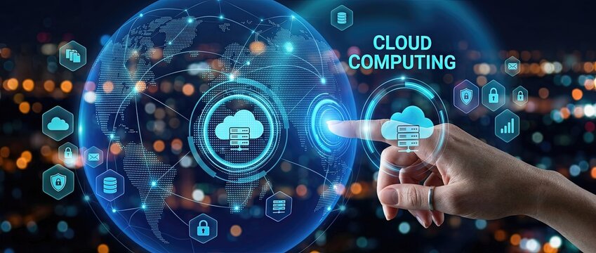 A hand interacting with a digital cloud computing interface featuring global network connections and data security icons set against a vibrant night city skyline.