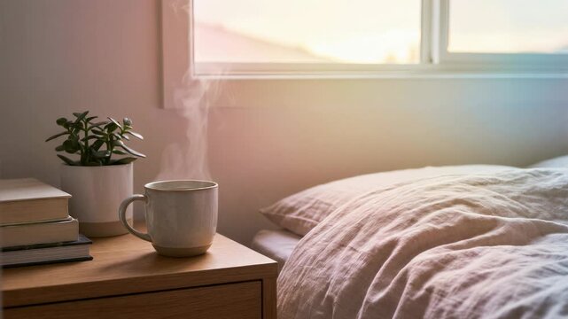 Steaming coffee mug on bedside table next to bed. Morning ritual in bedroom with sunny window light. Cozy home interior concept for relaxation and daily routine.