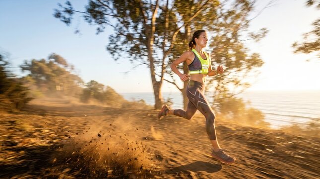 Woman runner on dirt path by ocean during golden hour, kicking up dust with motion blur.