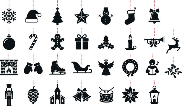 Christmas icons hanging from strings