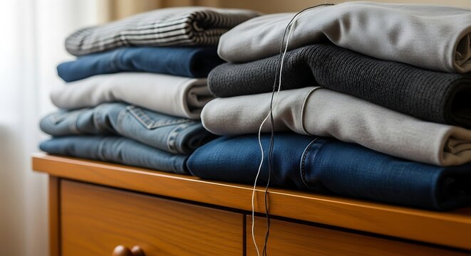 Stack of neatly folded casual clothes.