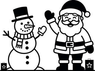 Fototapeta premium Black and white illustration of santa claus and a snowman waving