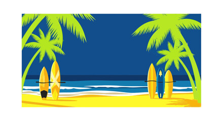 Obraz premium Surfboards on a tropical beach with palm trees and ocean waves